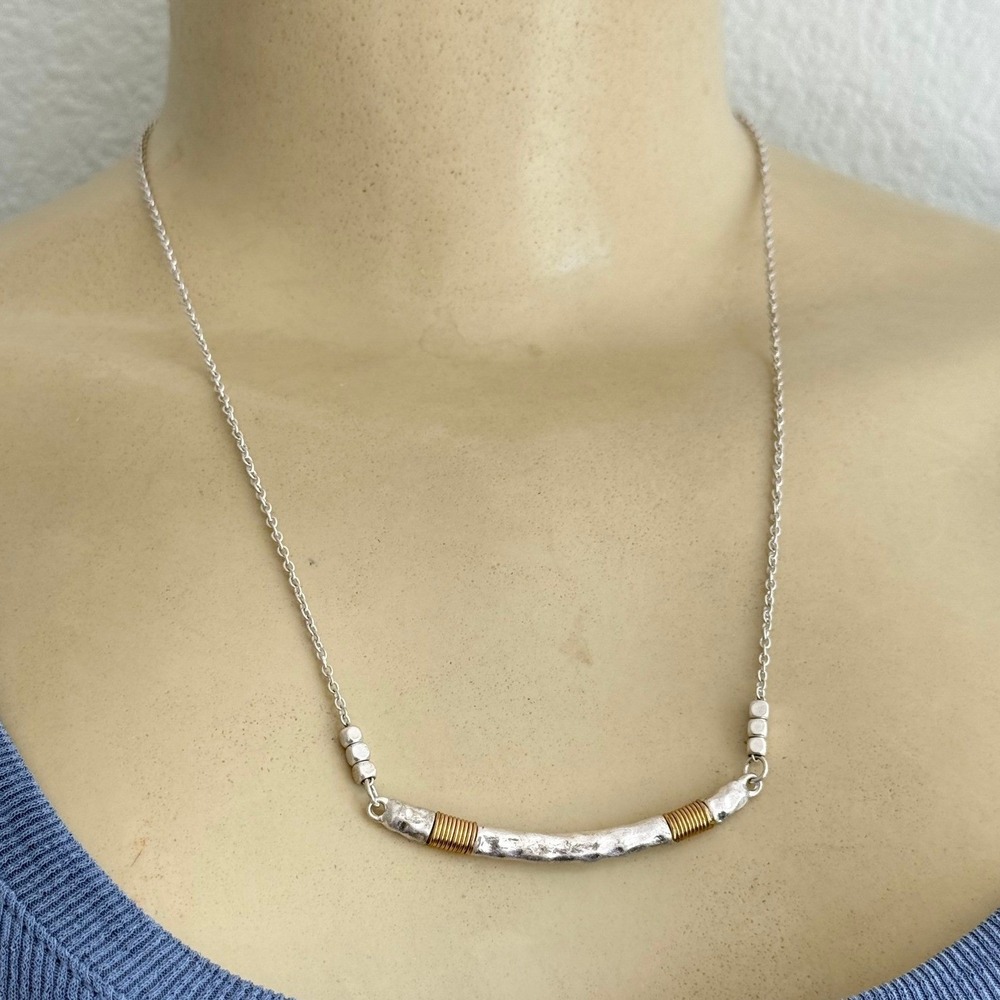Hammered Bar Necklace Silver Gold Minimalist Dainty Mixed Metal Layering Chic